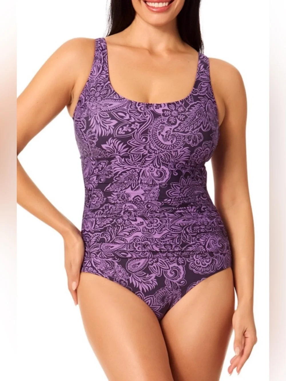 Lands’ End Purple Paisley One Piece Swimsuit Size M NWT UPF 50+ Adjustable
